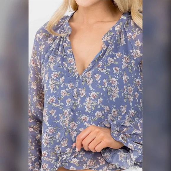 LAST 2️⃣ BLUE FLORAL PRINT THROUGHOUT V-NECK BUTTON-DOWN LONG SLEEVE TOP - Picture 5 of 6